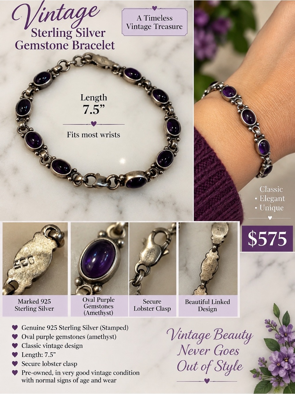 Vintage Sterling Silver Amethyst Bracelet - Purple Gemstone